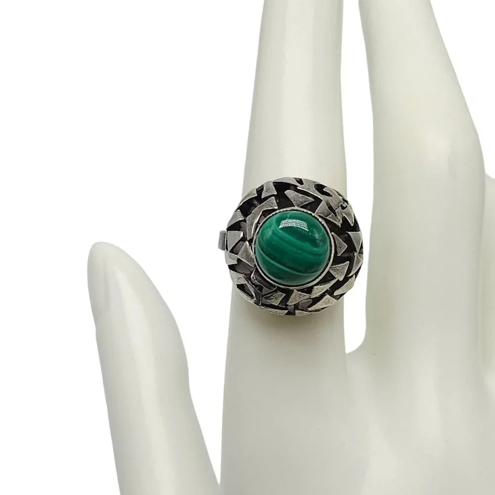 925 Sterling Silver Malachite Natural Green Stone Round Dome Ring Israel Vintage